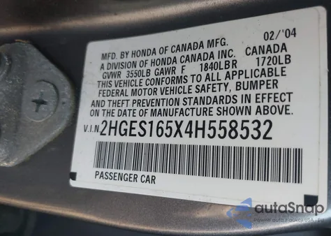 2004 Honda Civic Lx z USA, uszkodzony, nr VIN 2HGES165X4H558532